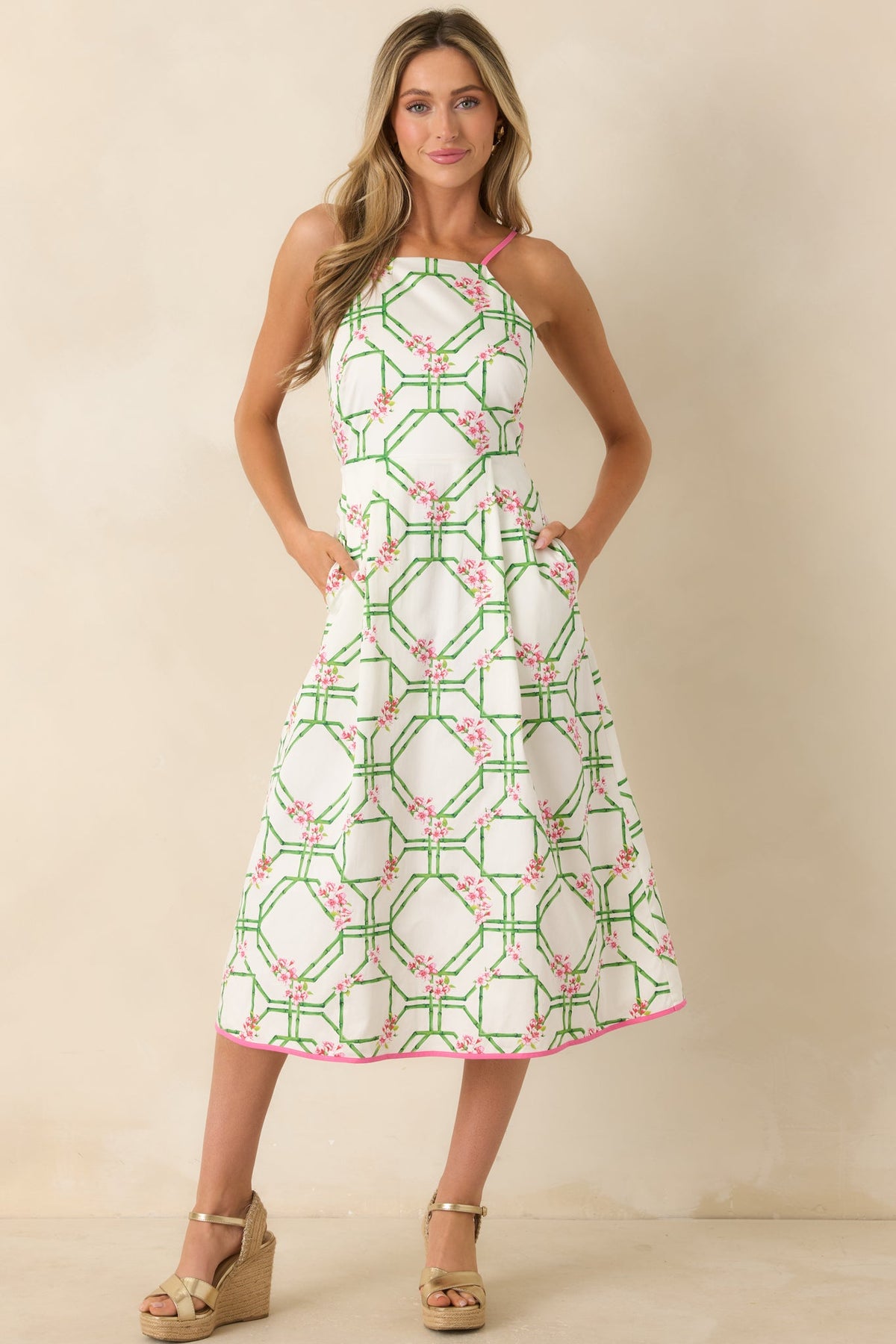 Prosperina Miriam White Multi Floral Trellis Cotton Midi Dress
