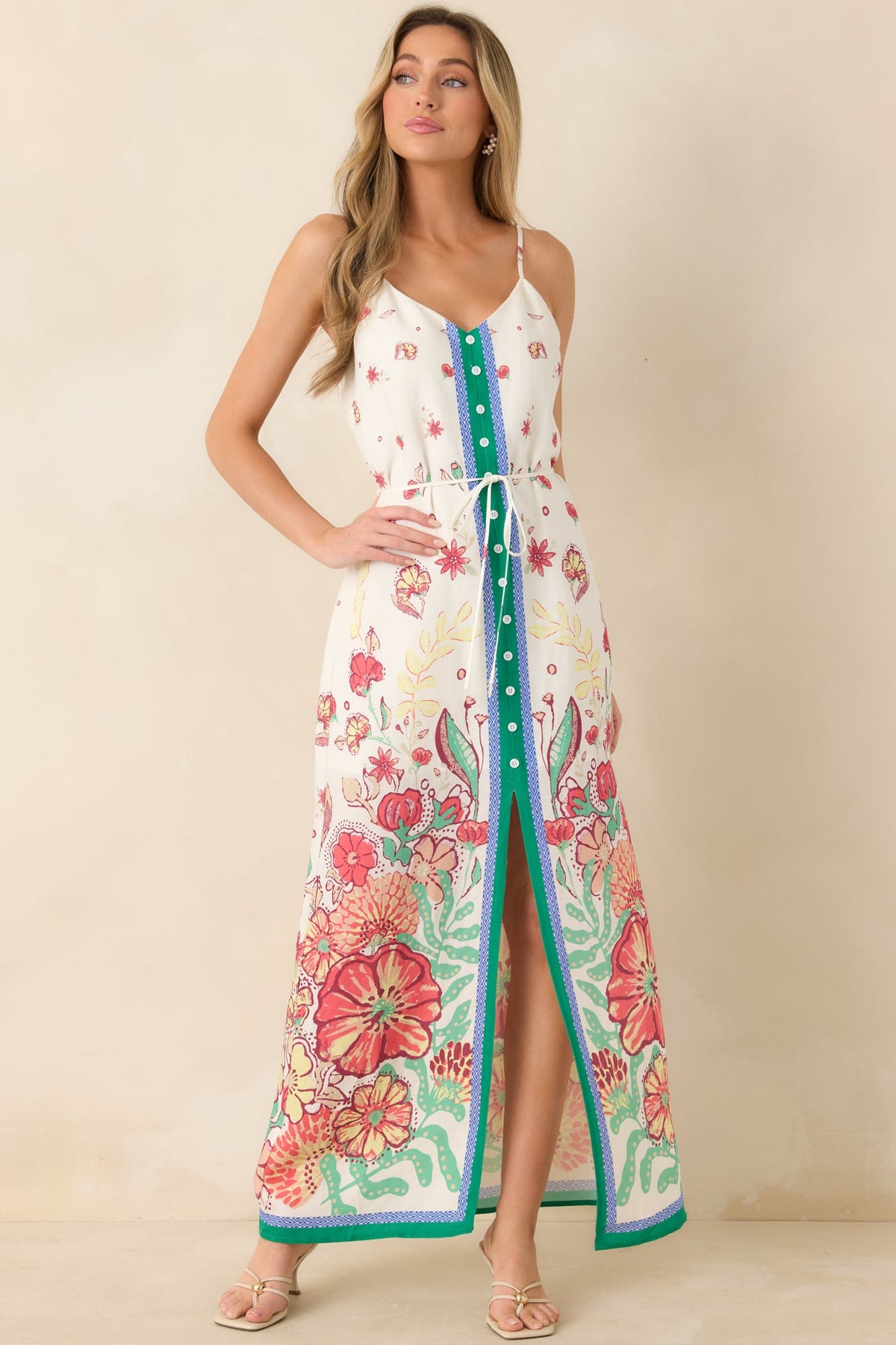 Floral Fantasy Green & Coral Pink Floral Maxi Dress