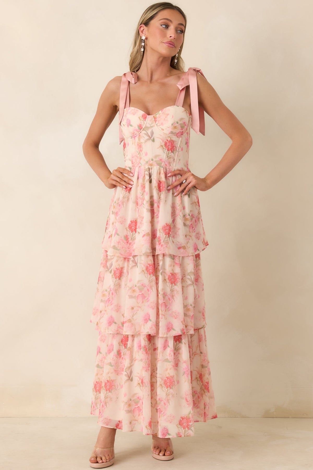 Written in Flowers Coral Pink Floral Tie Strap Maxi Dress