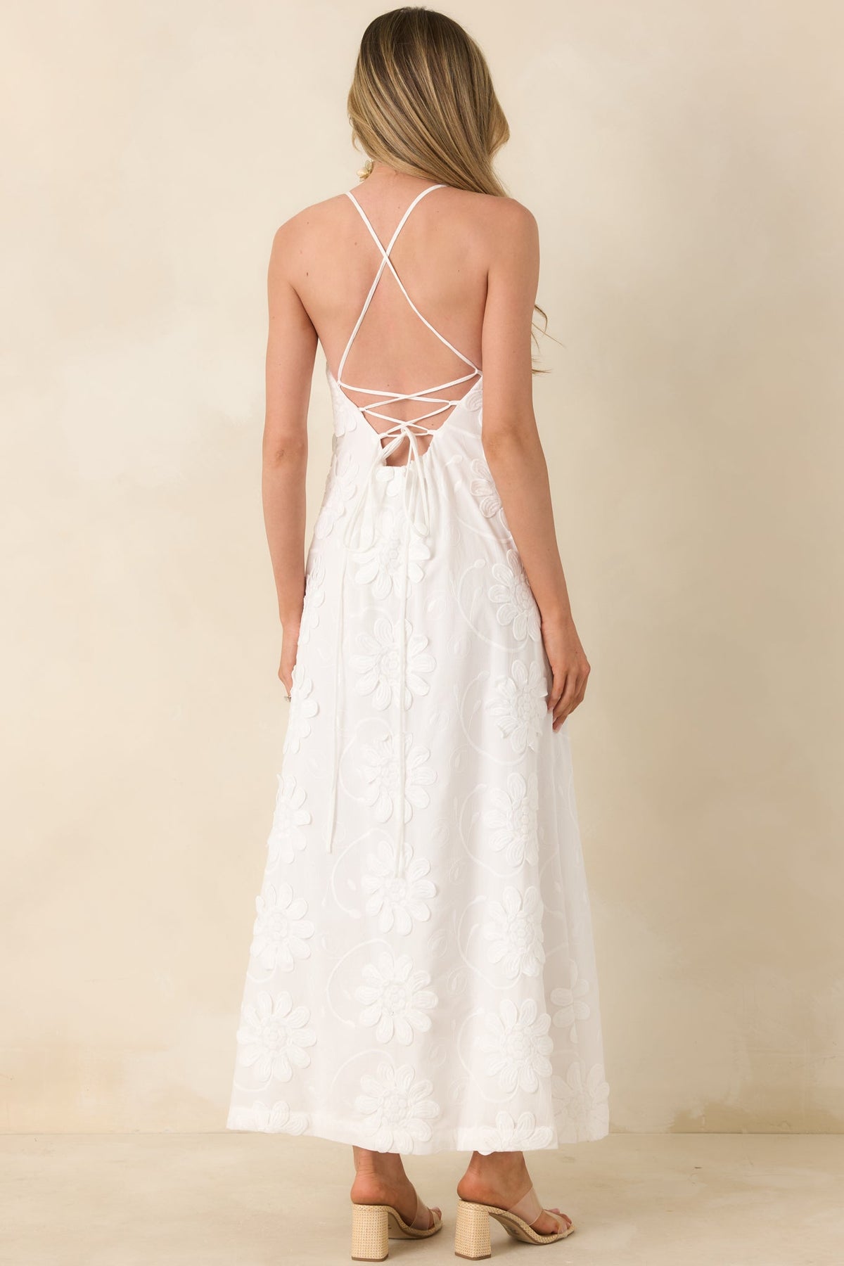 MINKPINK Alessia White Cotton Floral Applique Lace-Back Maxi Dress