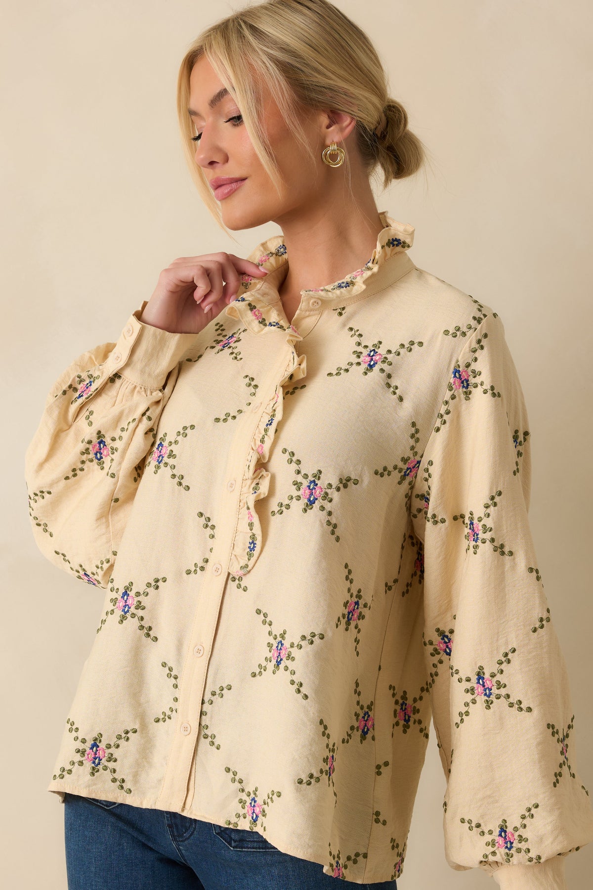 Petal Perspective Ivory Multi Floral Embroidered Blouse