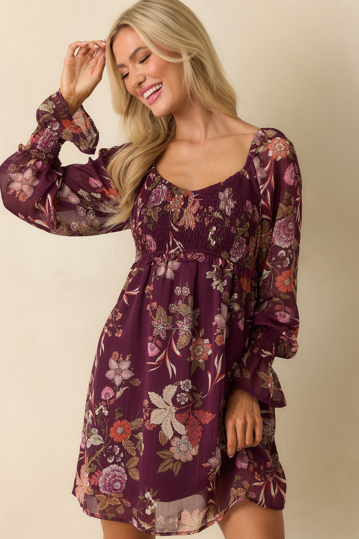 Flutter Away Berry Purple Multi Floral Print Mini Dress