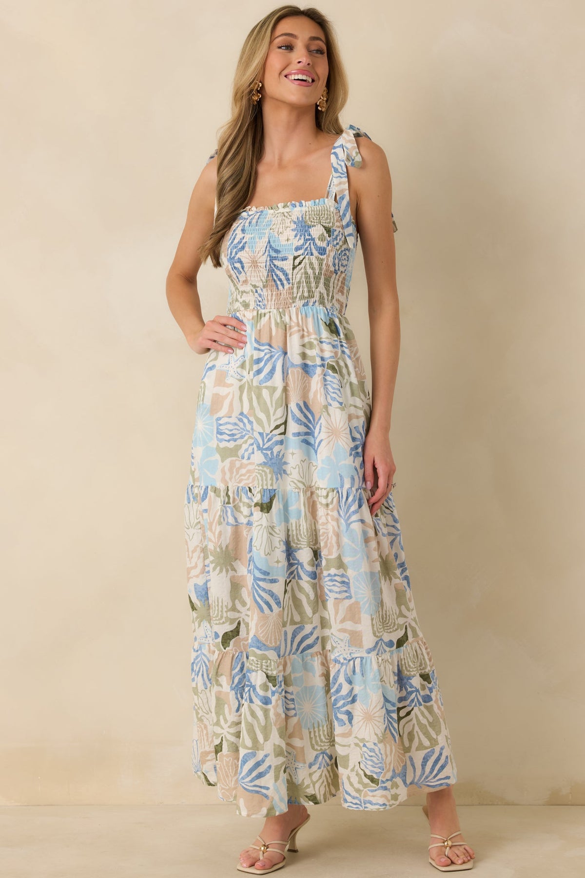 Shoreline Sonata Blue Multi Palm Print Tie Strap Tiered Maxi Dress
