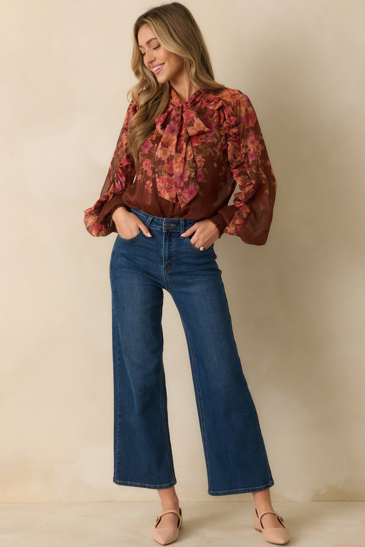 Forever Falling Brown Multi Floral Print Bow Blouse