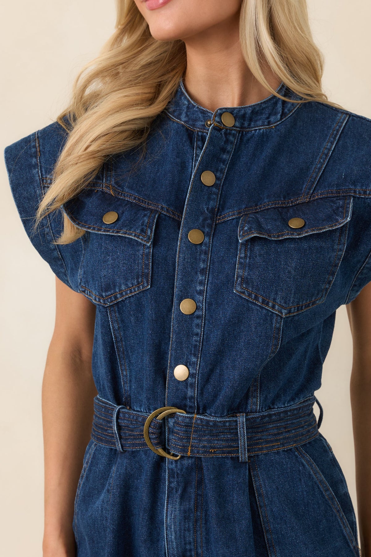 In the Fun Way Dark Wash Cotton Denim Belted Jumpsuit