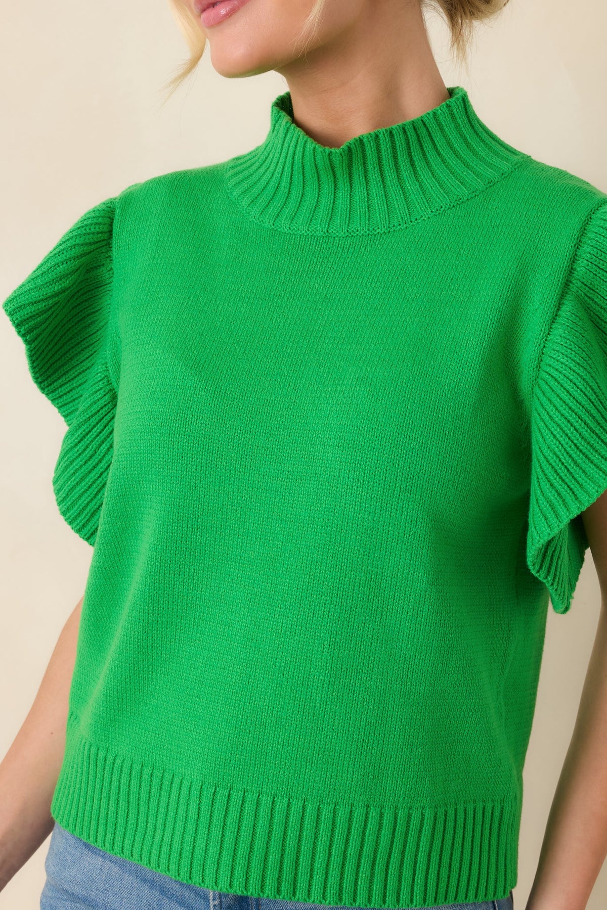 Watch Her Work Kelly Green Knit Flutter Sleeve Top
