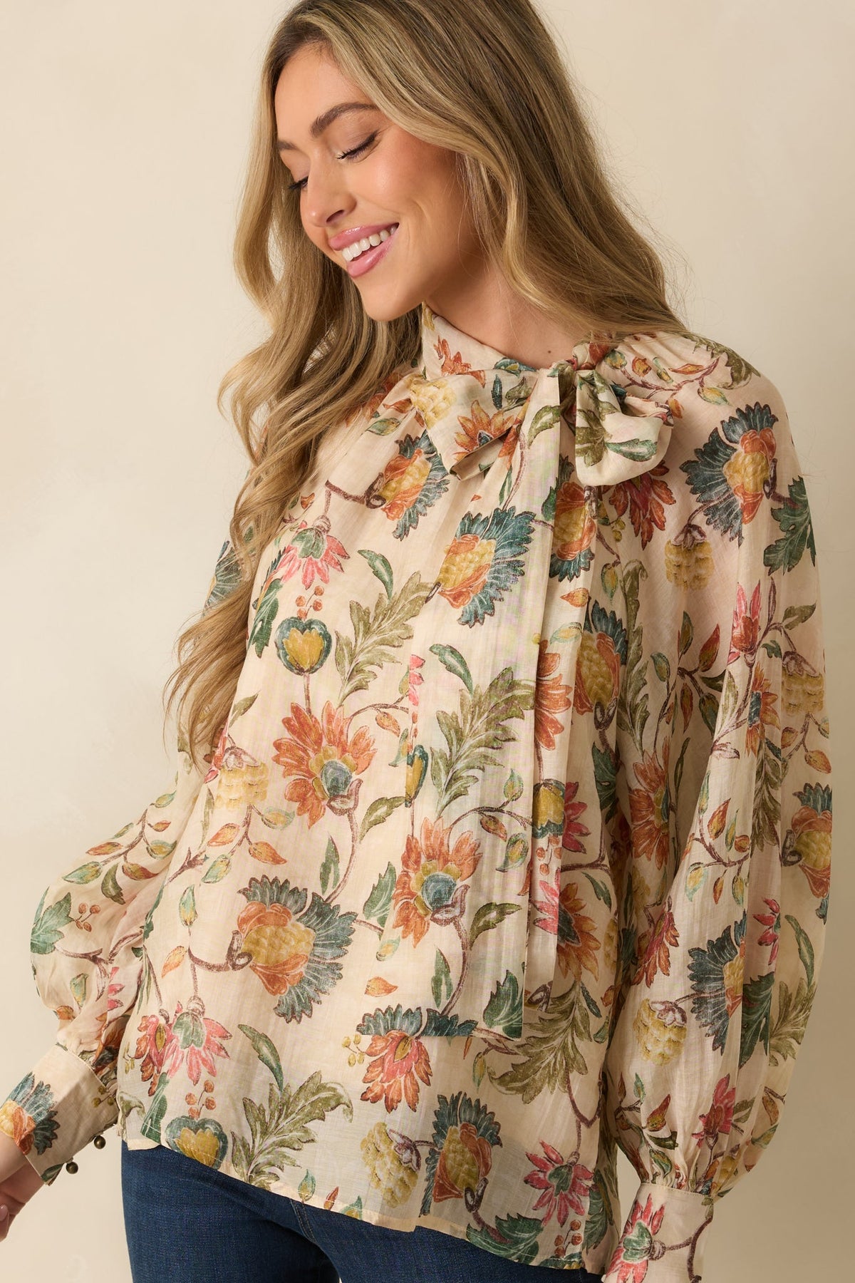 Fields of Grace Beige Multi Floral Print Cotton Bow Blouse
