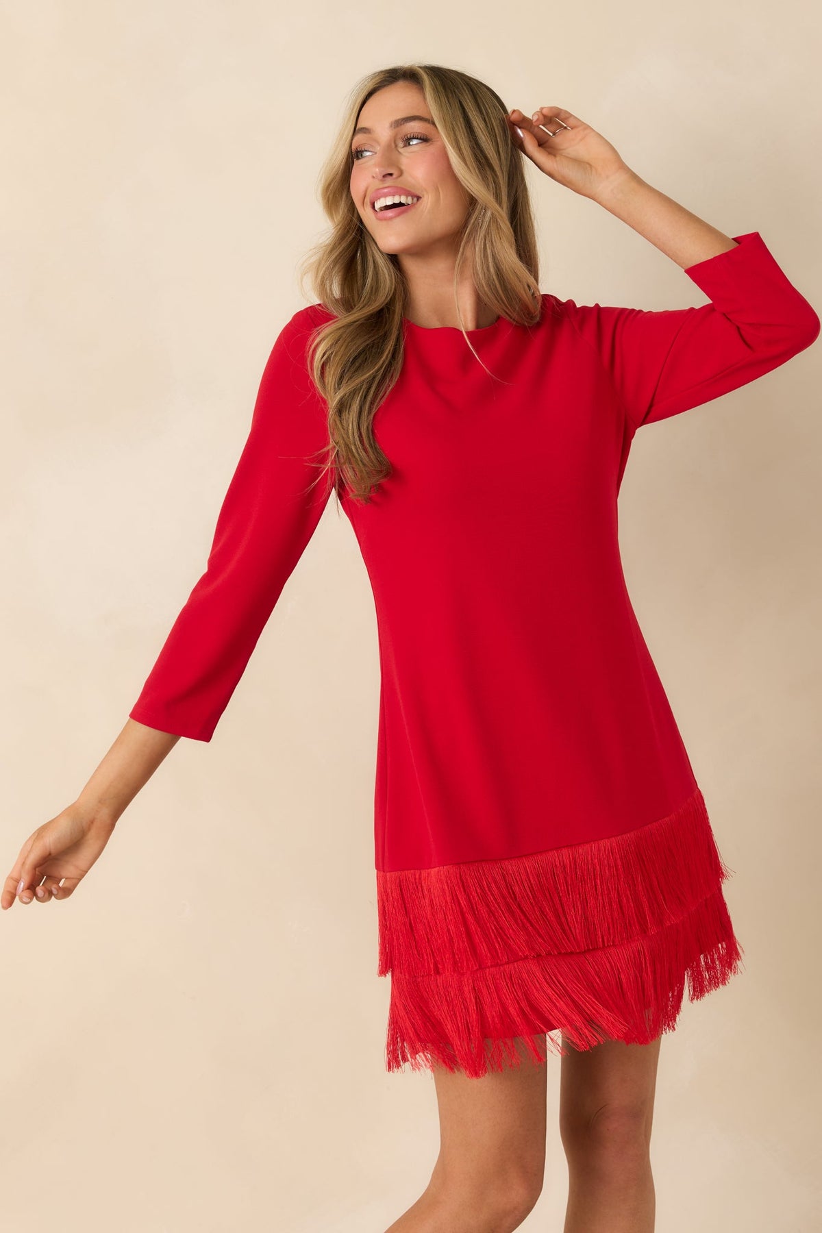 Coming In Hot Red 3/4 Sleeve Fringe Mini Dress