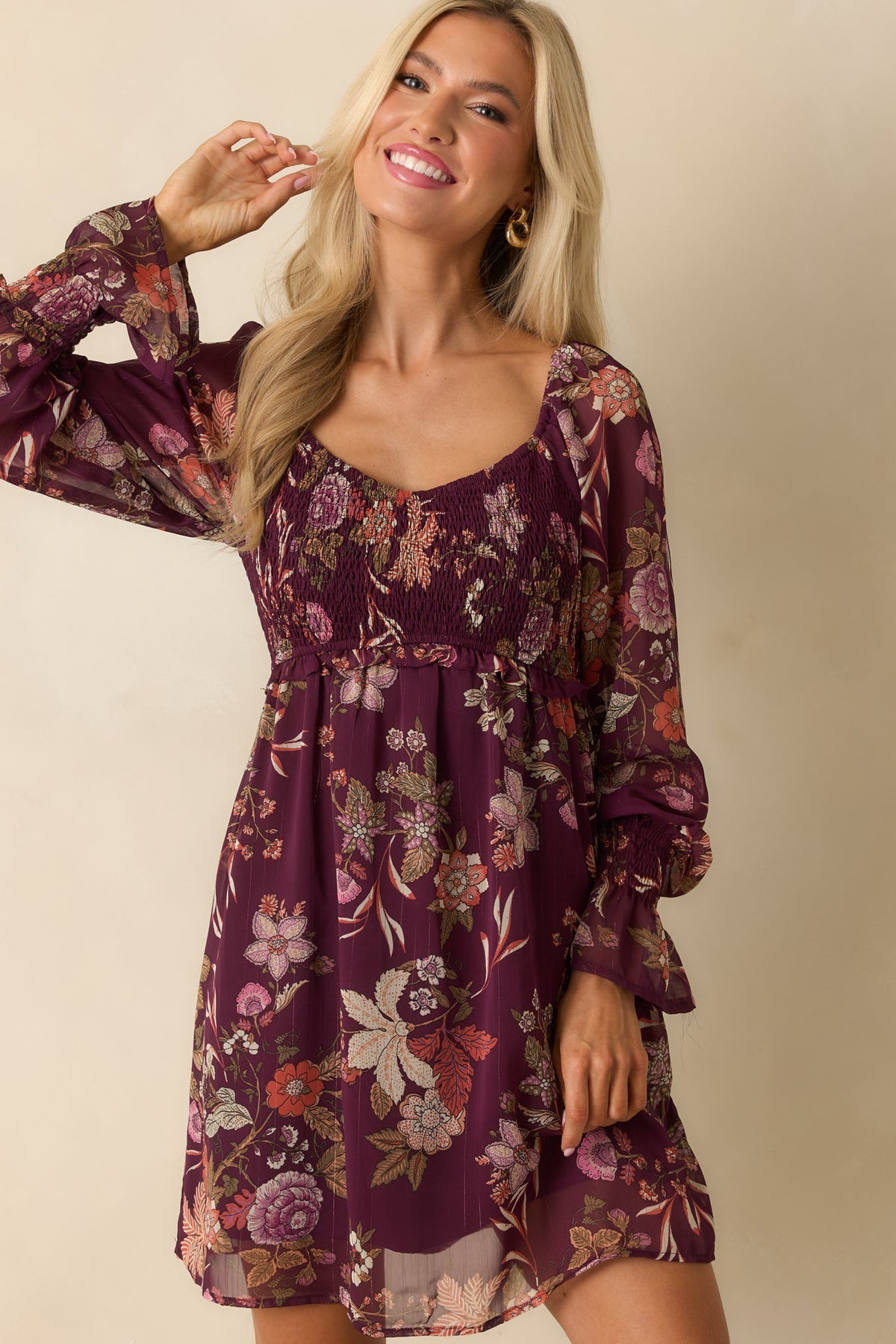 Flutter Away Berry Purple Multi Floral Print Mini Dress