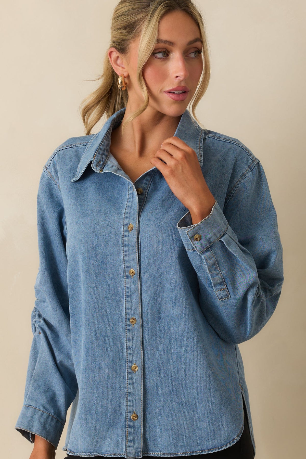 Through Every Change Light Wash Cotton Denim Button Up Top