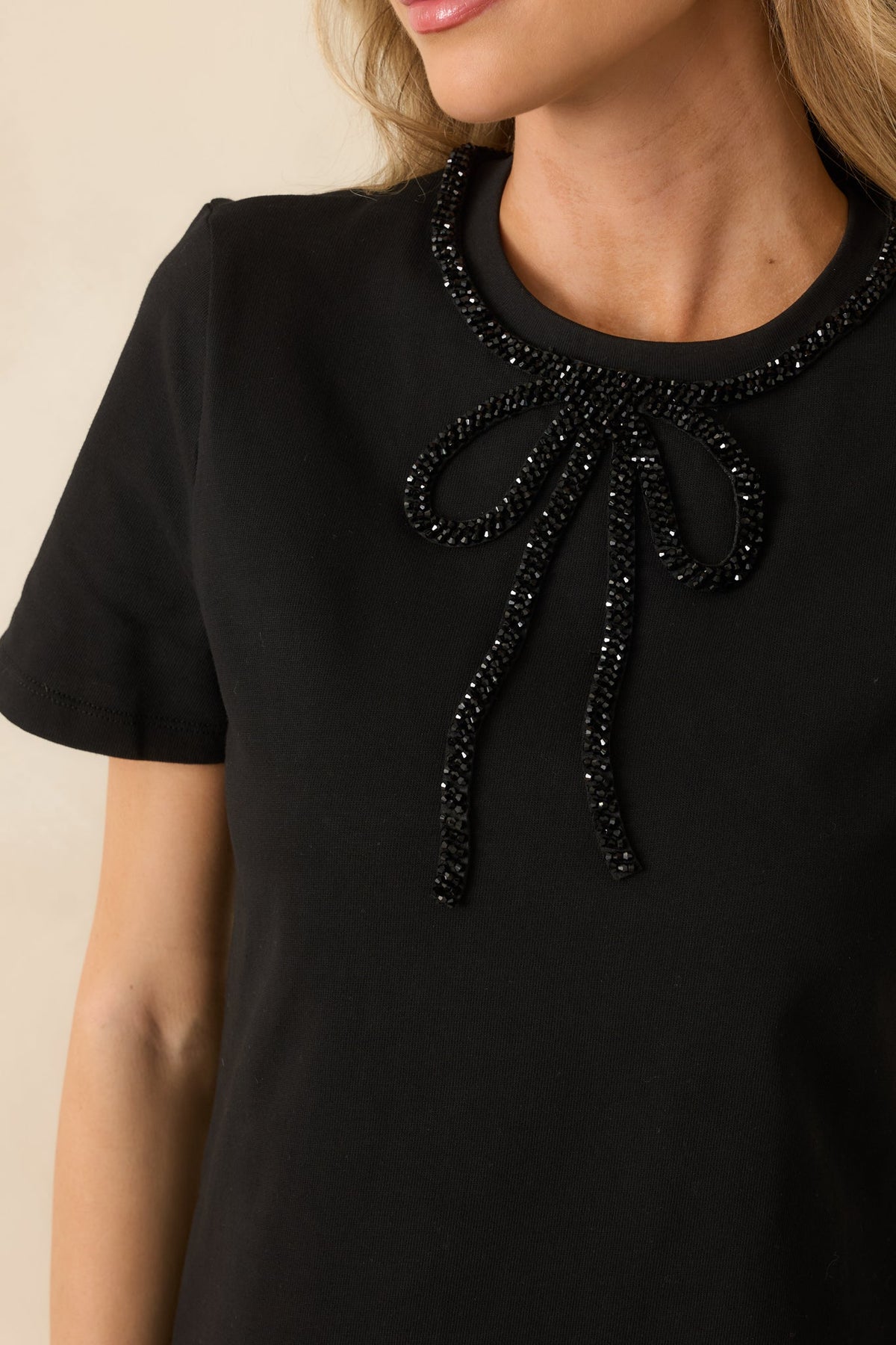 Tied To Charm Black Cotton Beaded Bow Short Sleeve Top