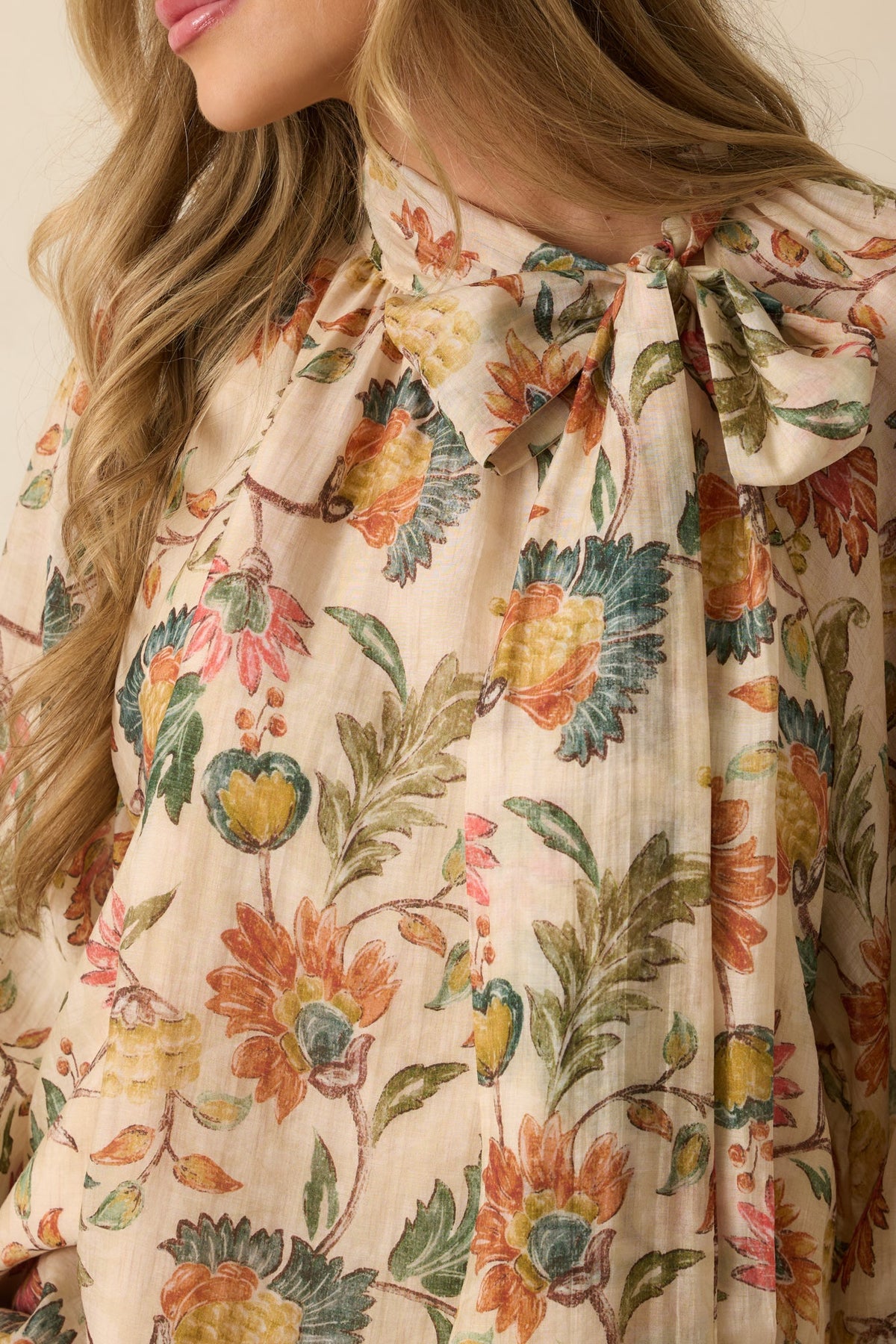 Fields of Grace Beige Multi Floral Print Cotton Bow Blouse