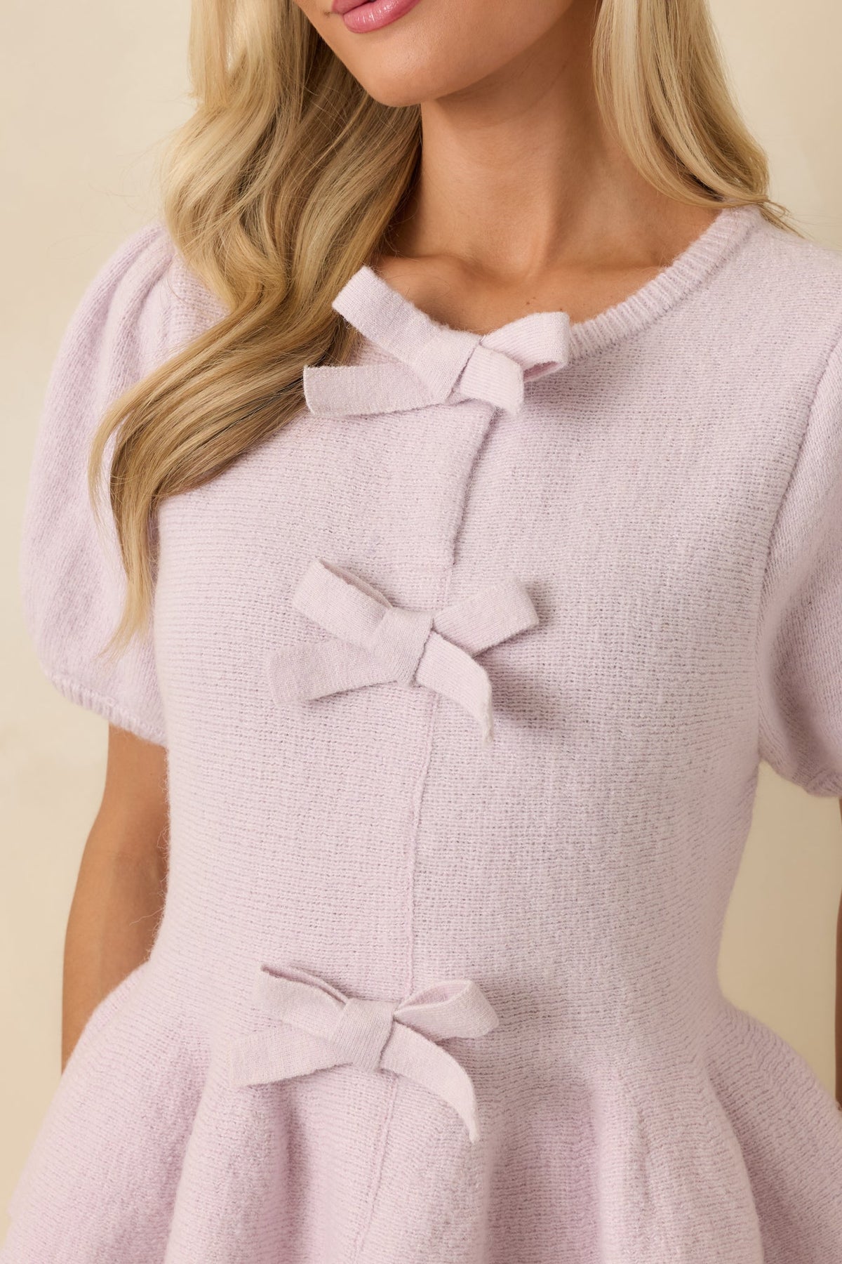 Soft Spoken Sweetness Lavender Knit Bow Detail Peplum Top