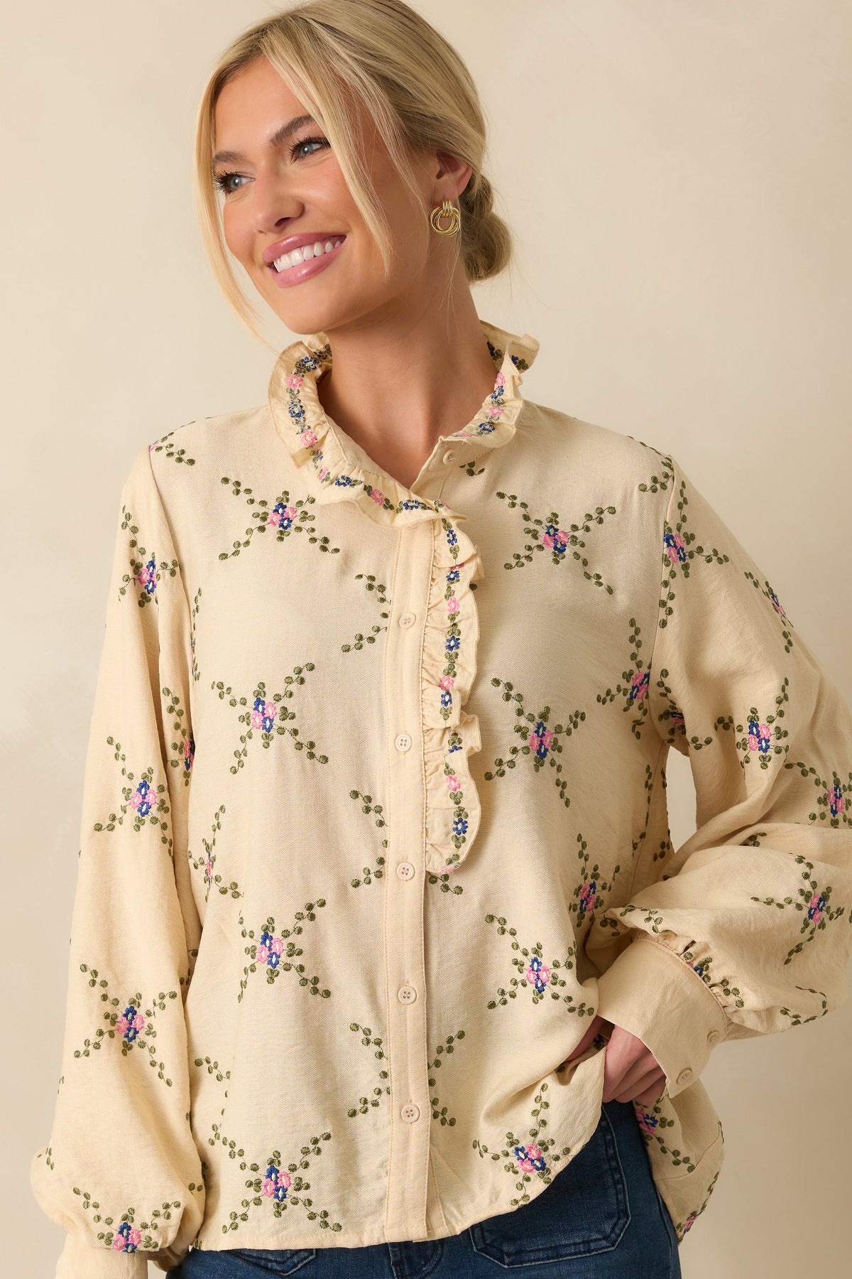 Petal Perspective Ivory Multi Floral Embroidered Blouse