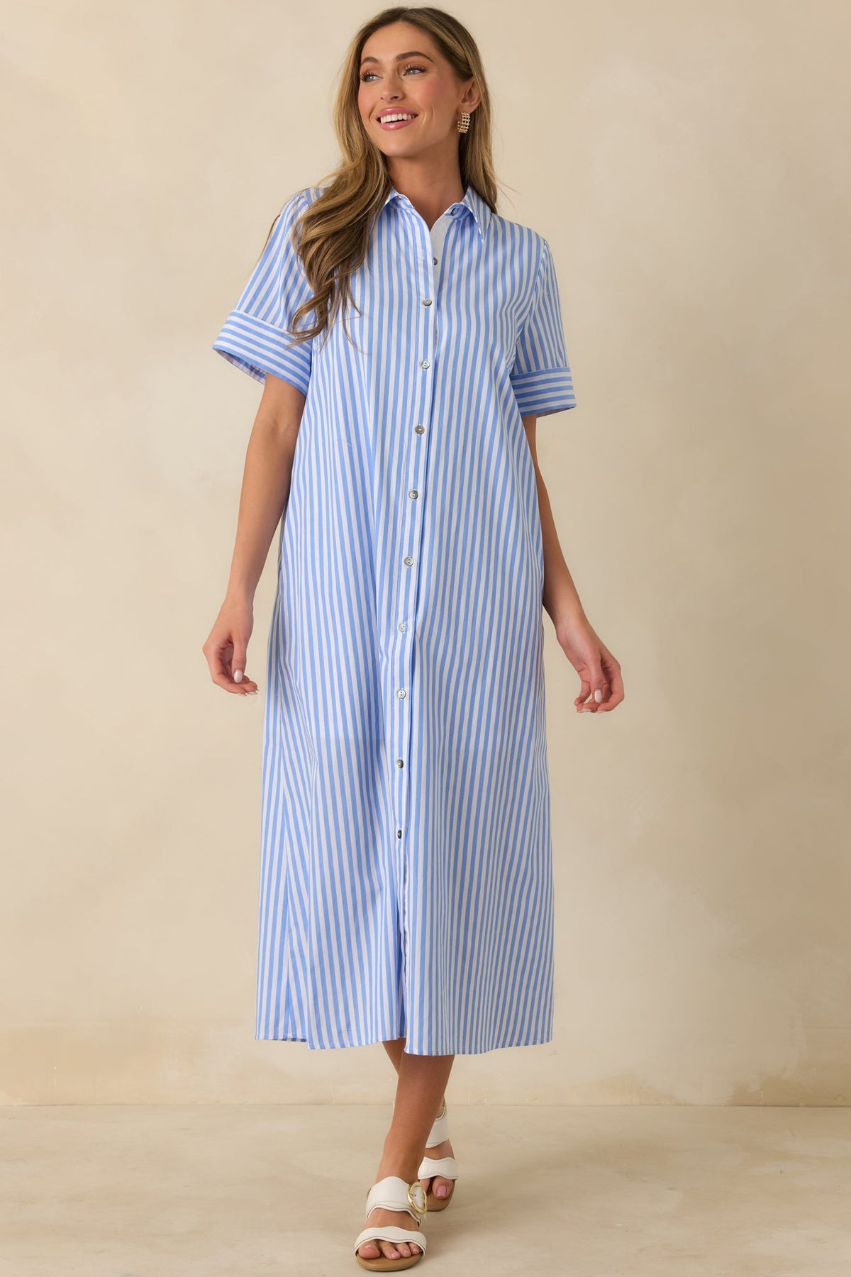 Pretty in Pinstripes Blue Cotton Stripe Button Front Maxi Shirt Dress