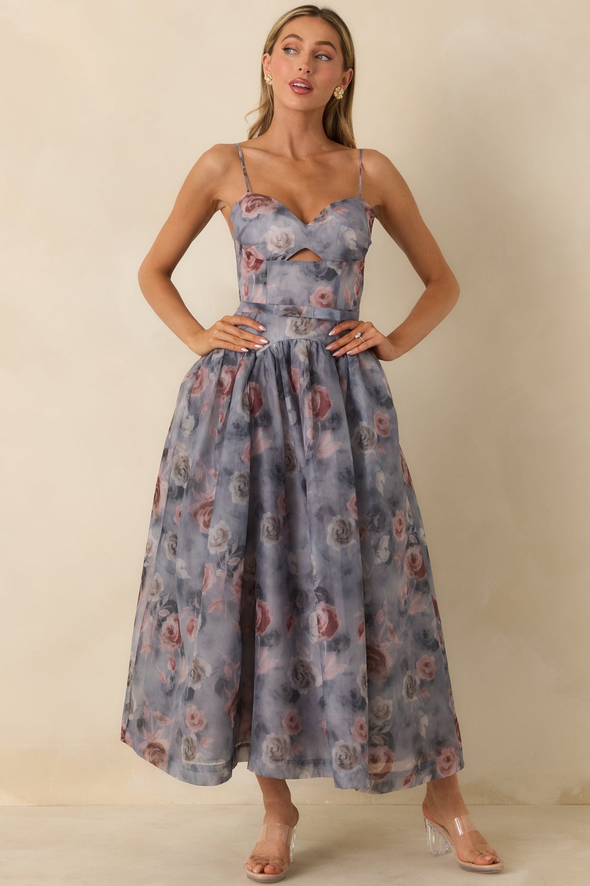 Bloom Service Grey Multi Floral Cutout Bodice Midi Dress