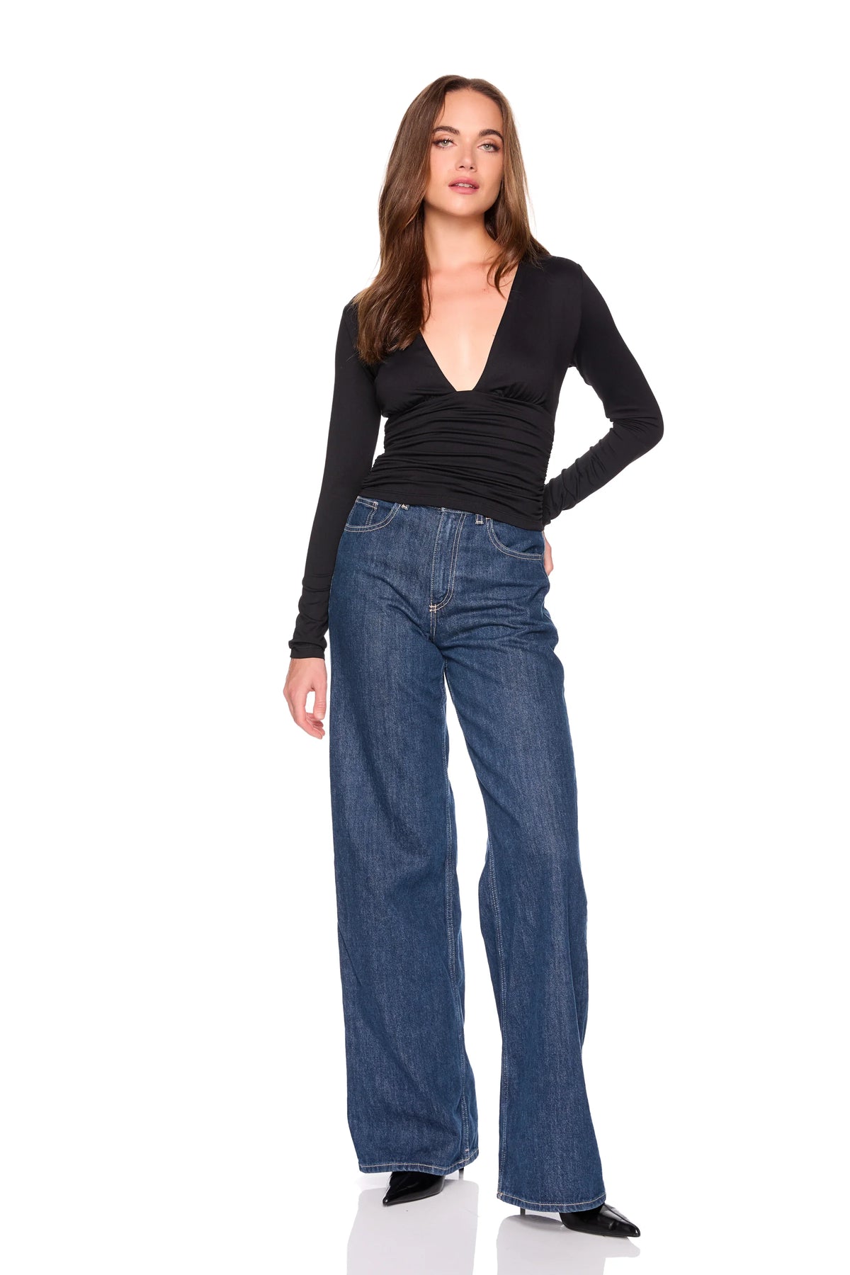 Susana Monaco V-Neck Gathered Long Sleeve Top