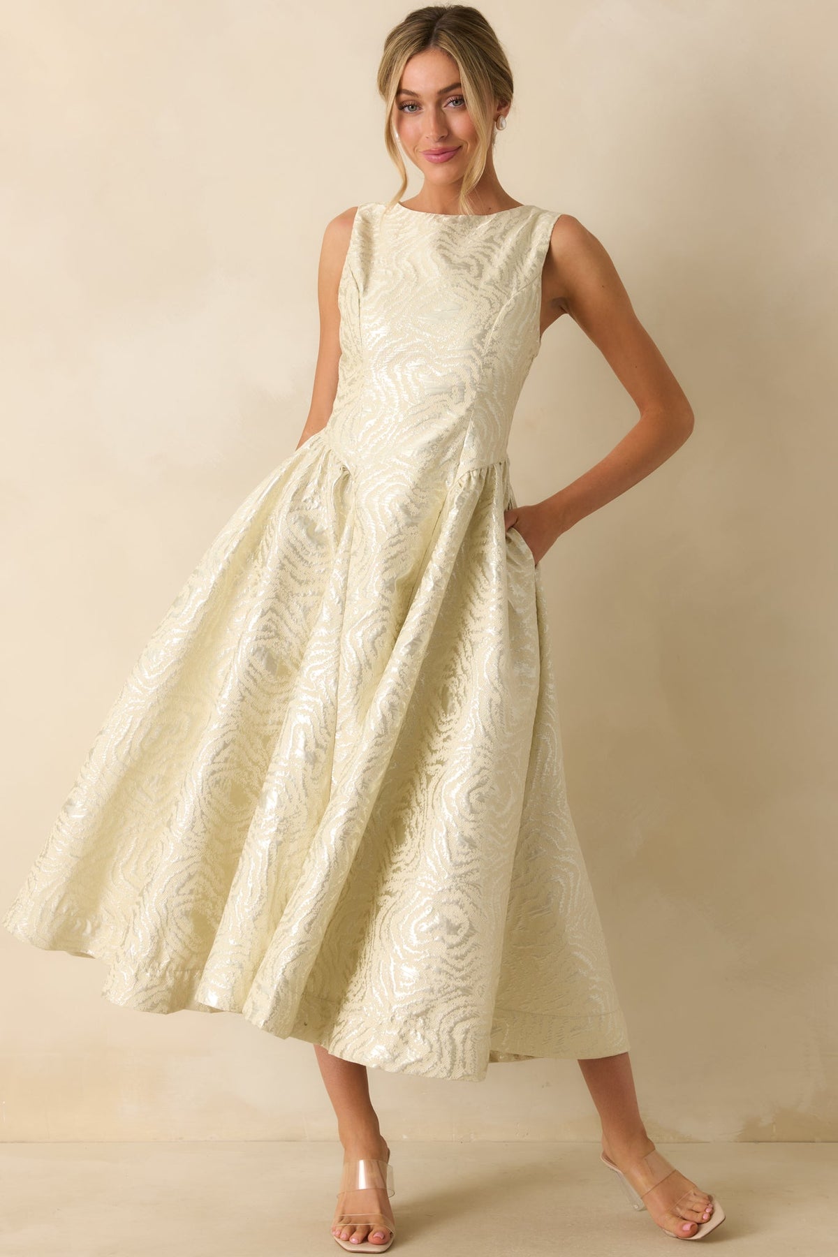 Written in Light Ivory Metallic Jacquard Sleeveless Maxi Dress