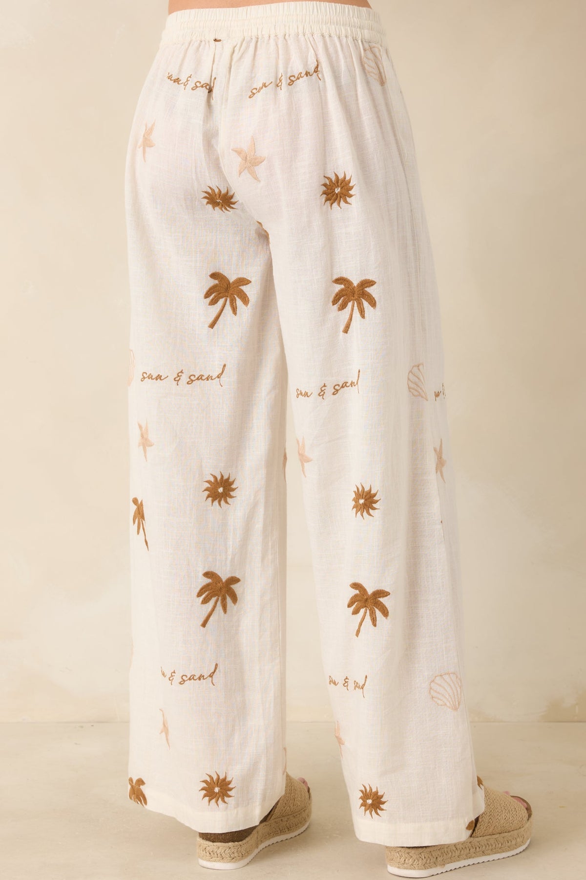 Driftwood Days Light Beige Cotton Coastal Embroidered Wide Leg Pants