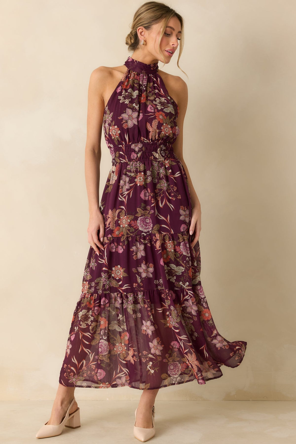Flirt With Flora Berry Purple Multi Floral Print Halter Maxi Dress