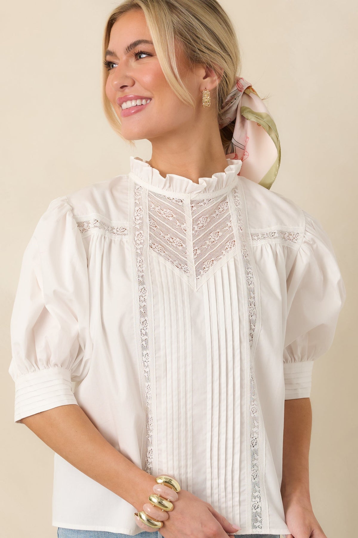 Lines Yet Written White Cotton Pintuck and Lace Puff Sleeve Top