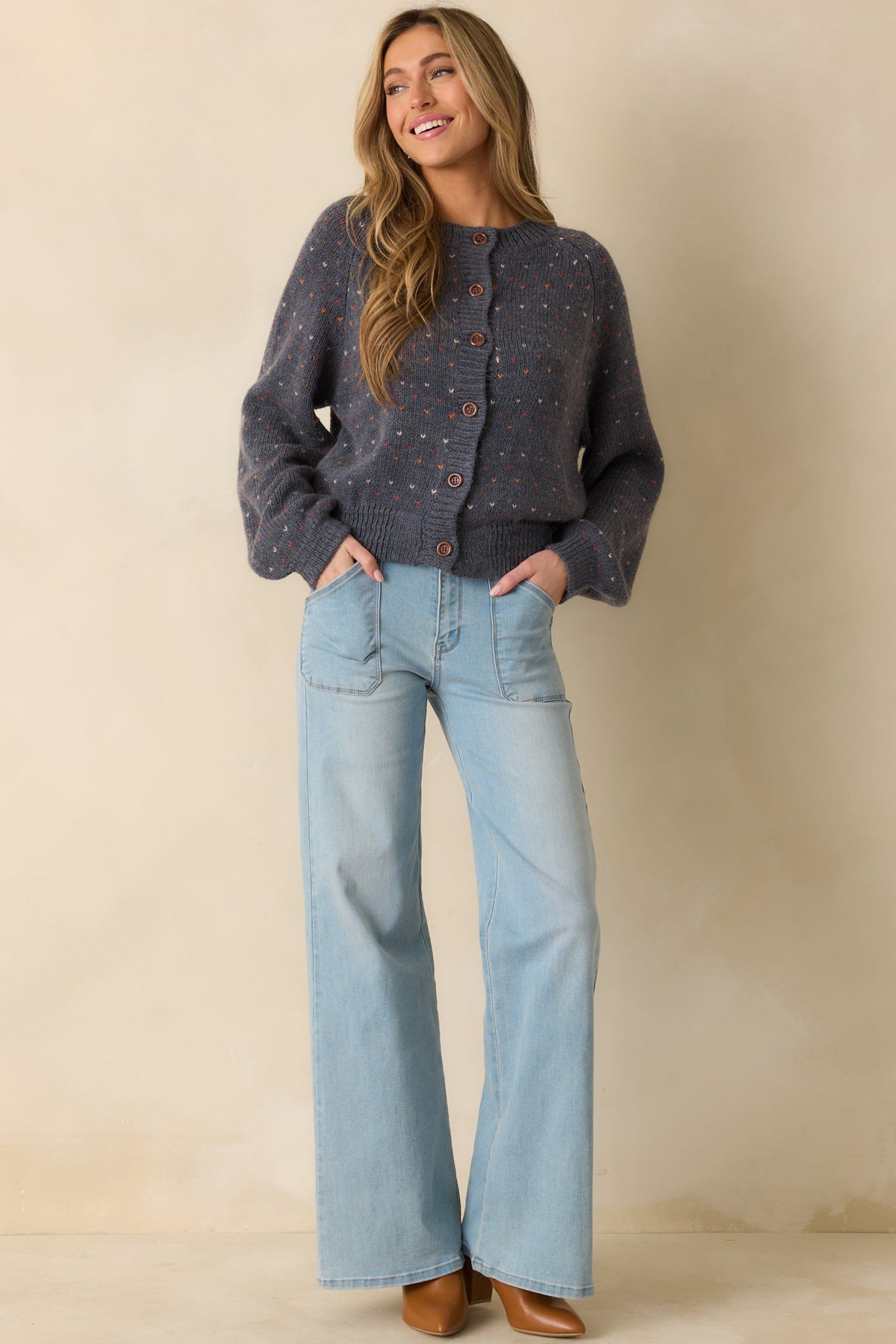Sweet On You Navy Heather Knit Heart Button Up Cardigan Sweater