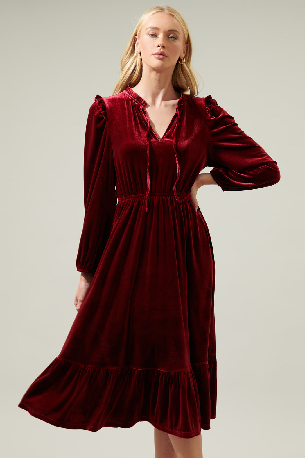 Charleston Ruffle Velvet Midi Dress