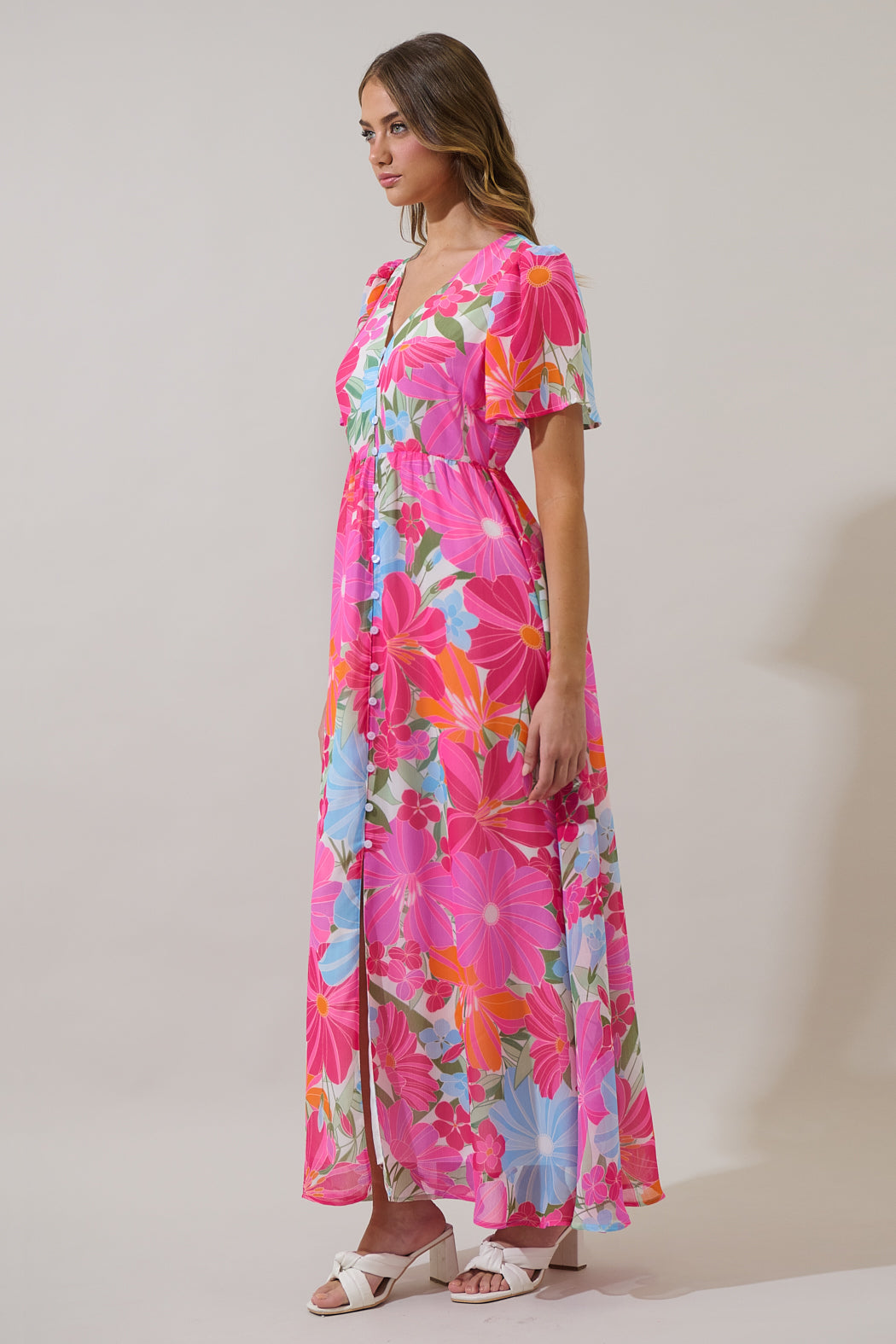 Calista Floral Linana Button Front Maxi Dress