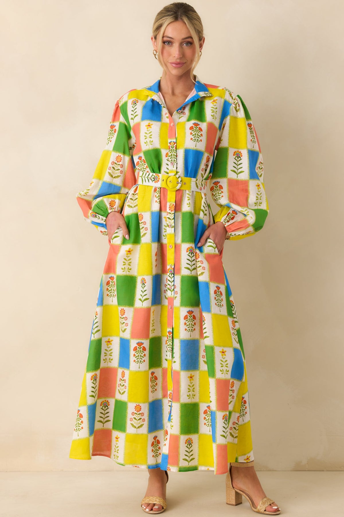 Prosperina Naomi Multi Floral Patchwork Linen Blend Maxi Dress