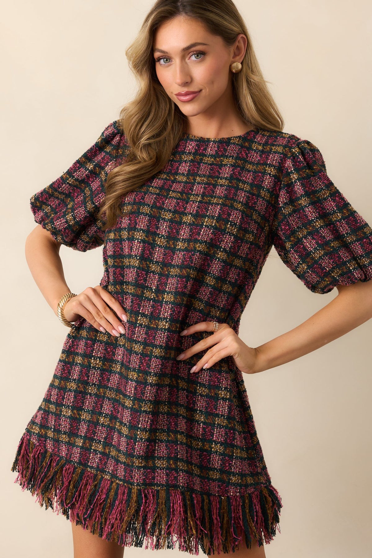 Prosperina Cecelia Pink Multi Plaid Tweed Mini Dress
