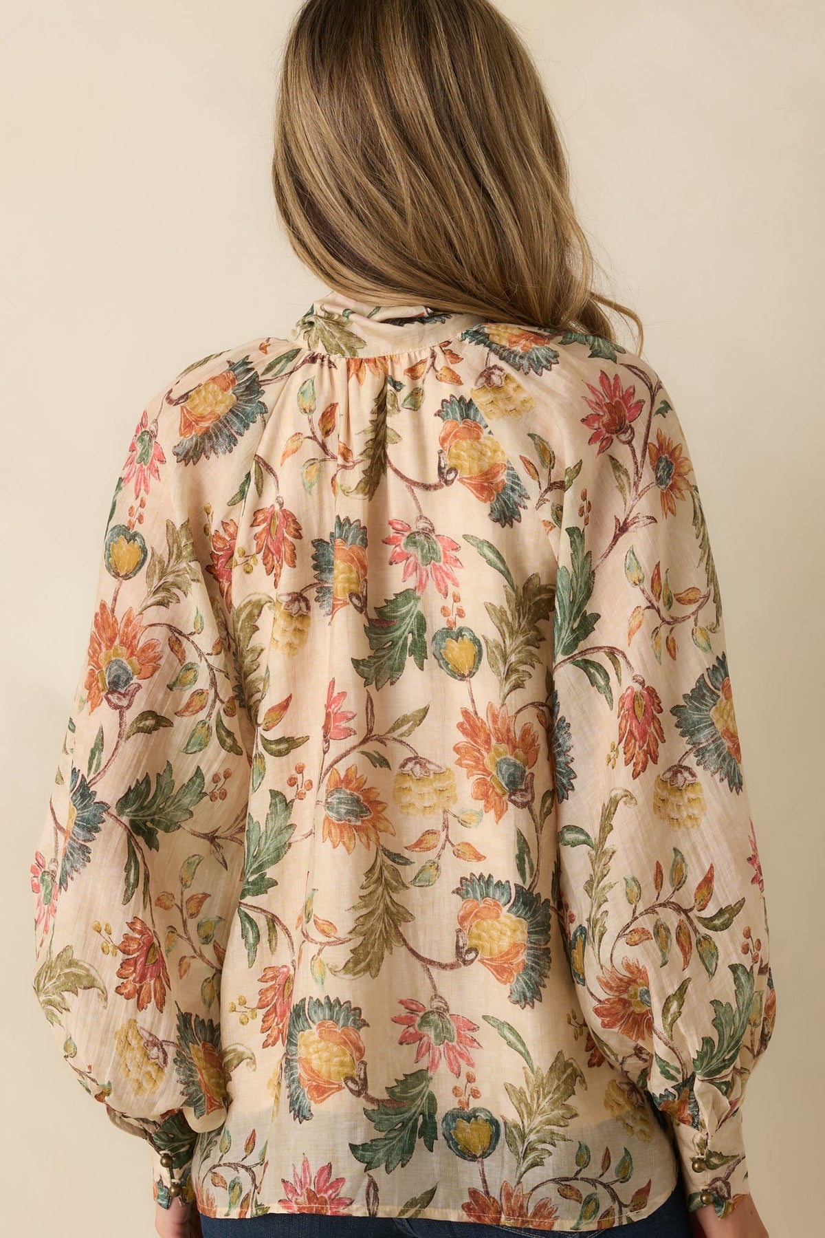 Fields of Grace Beige Multi Floral Print Cotton Bow Blouse