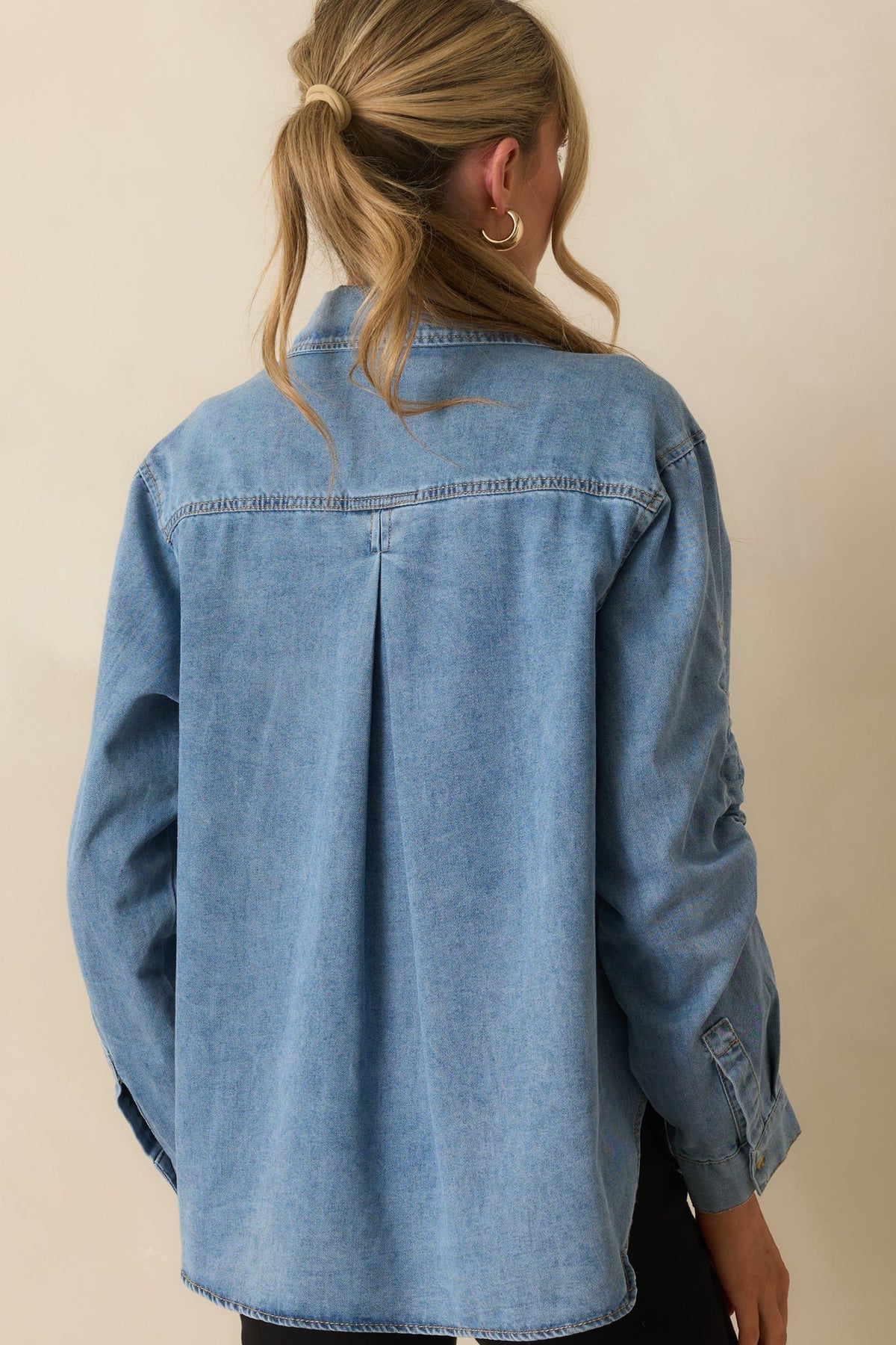 Through Every Change Light Wash Cotton Denim Button Up Top