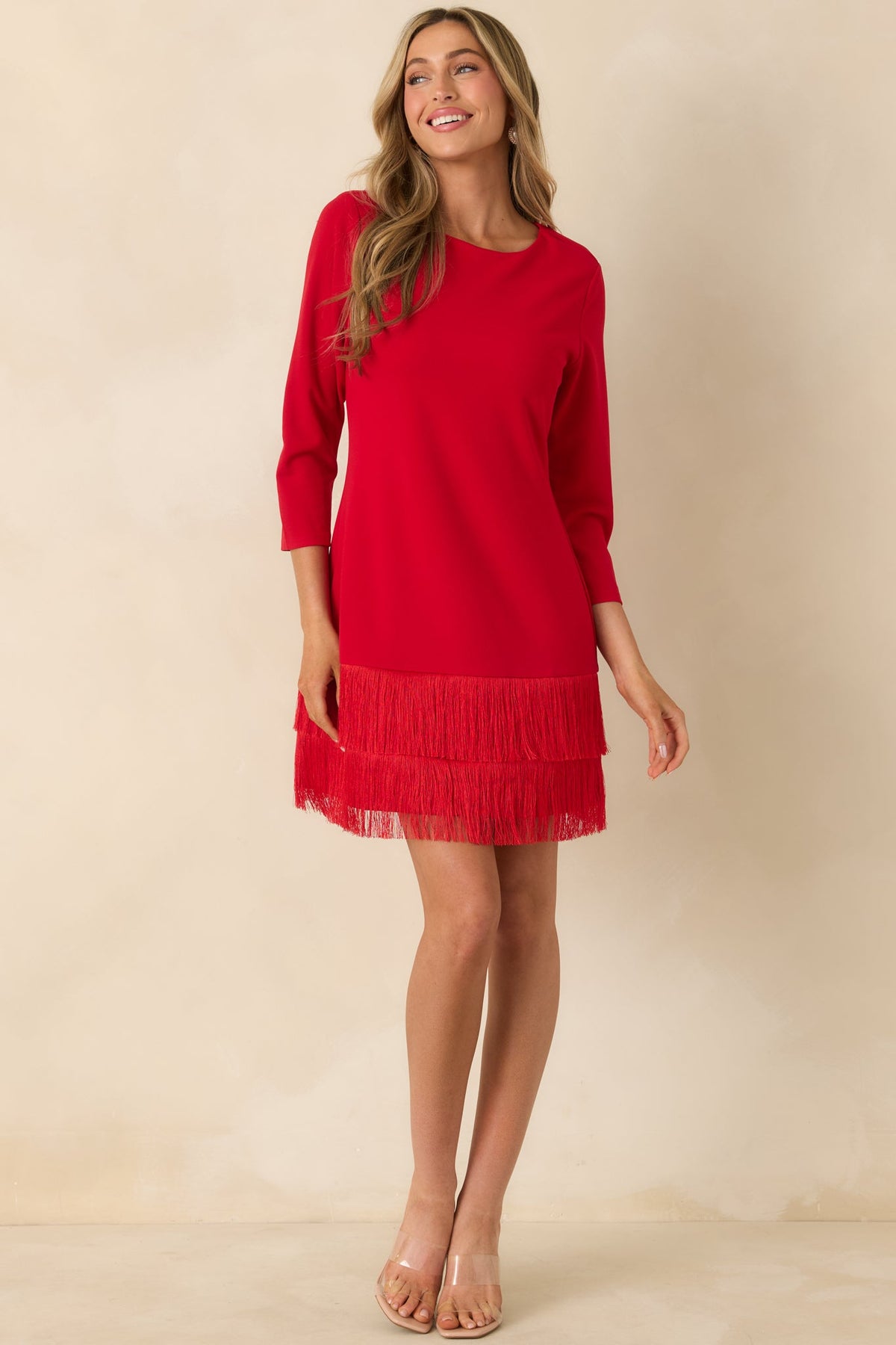 Coming In Hot Red 3/4 Sleeve Fringe Mini Dress