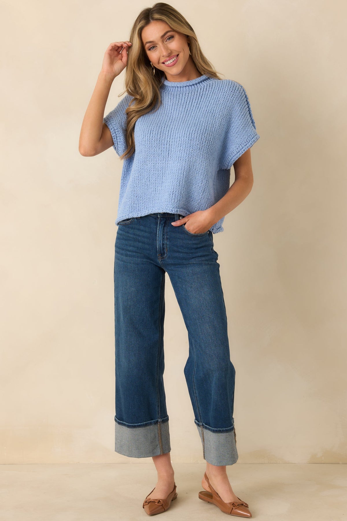 Have a Knack For It Light Blue Chunky Knit Cotton Short Sleeve Sweater