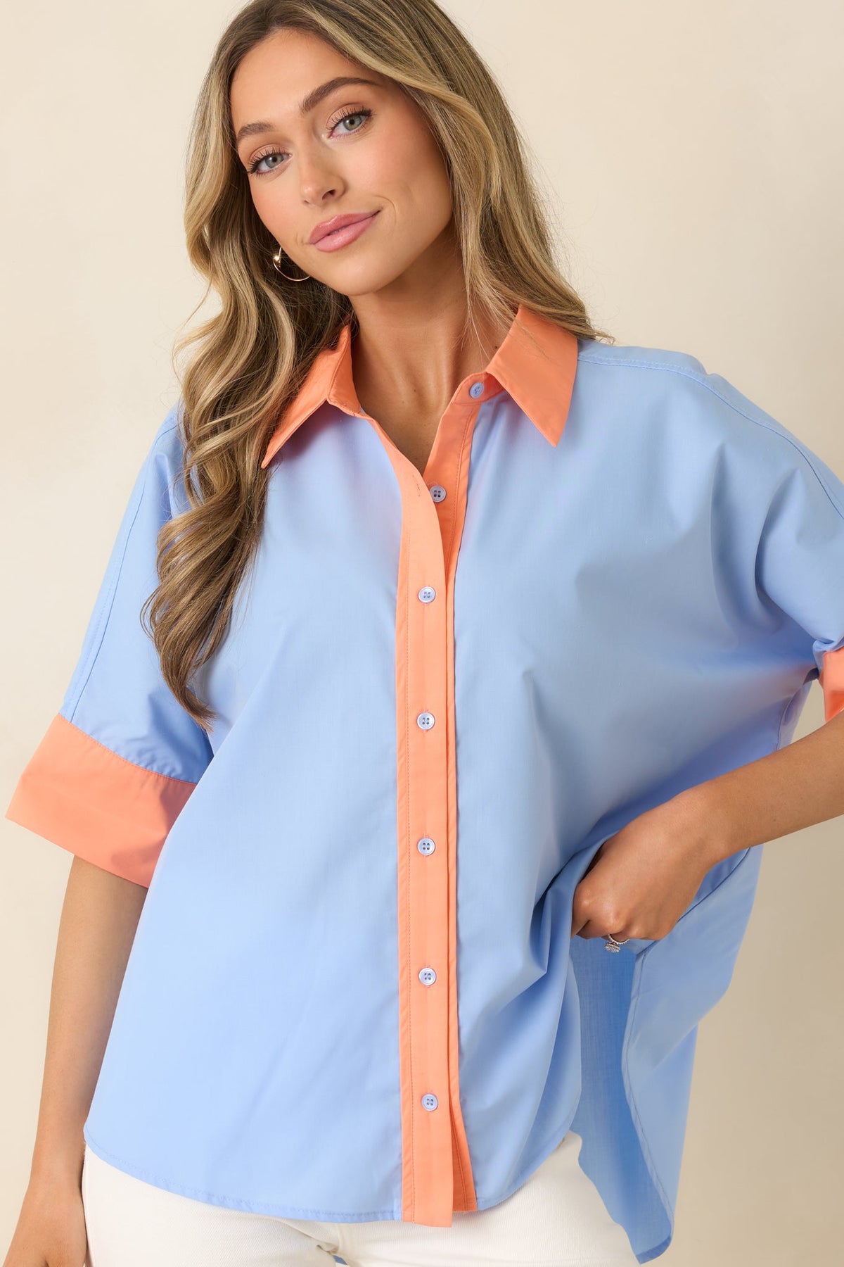 Catch the Vibe Light Blue & Orange Color Block Short Sleeve Shirt