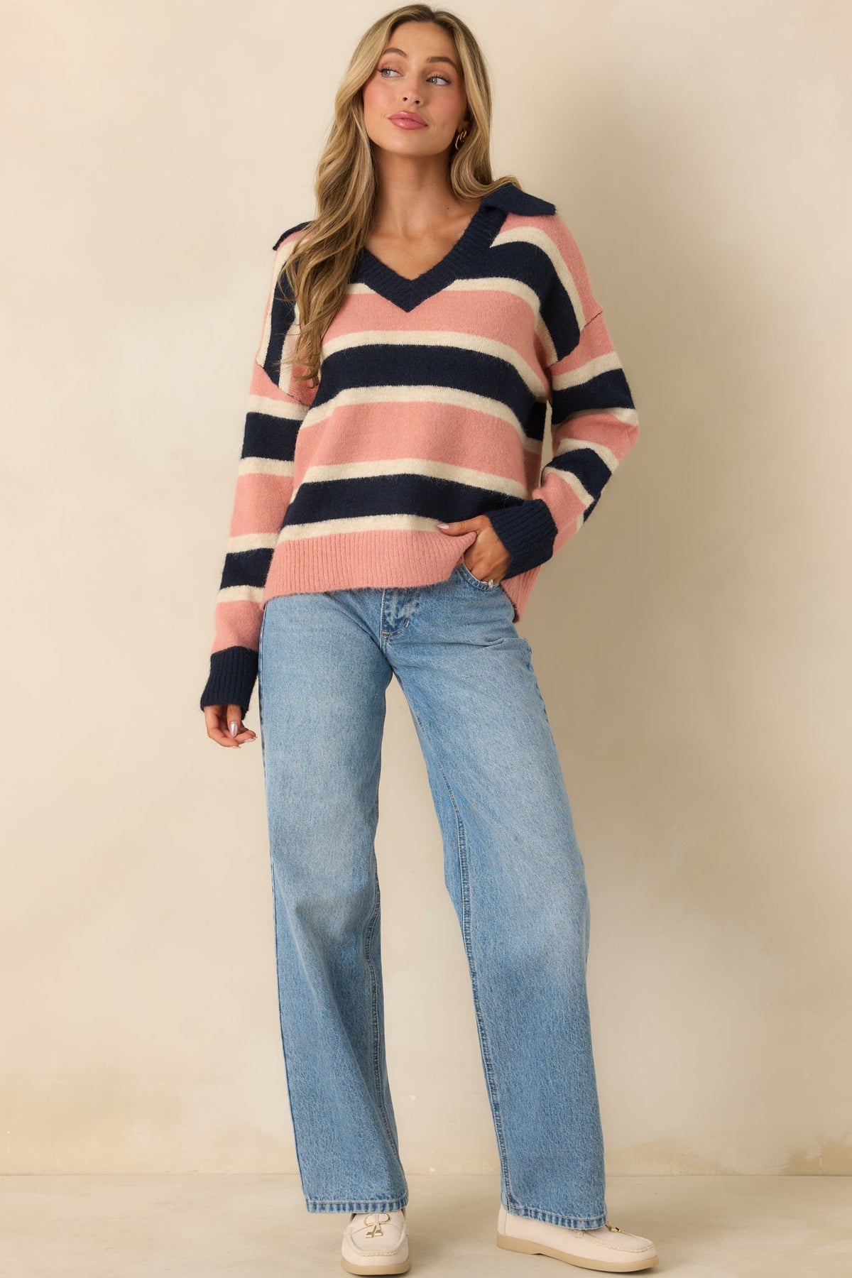 Well Played Navy & Mauve Brushed Knit Striped V-Neck Collared Sweater