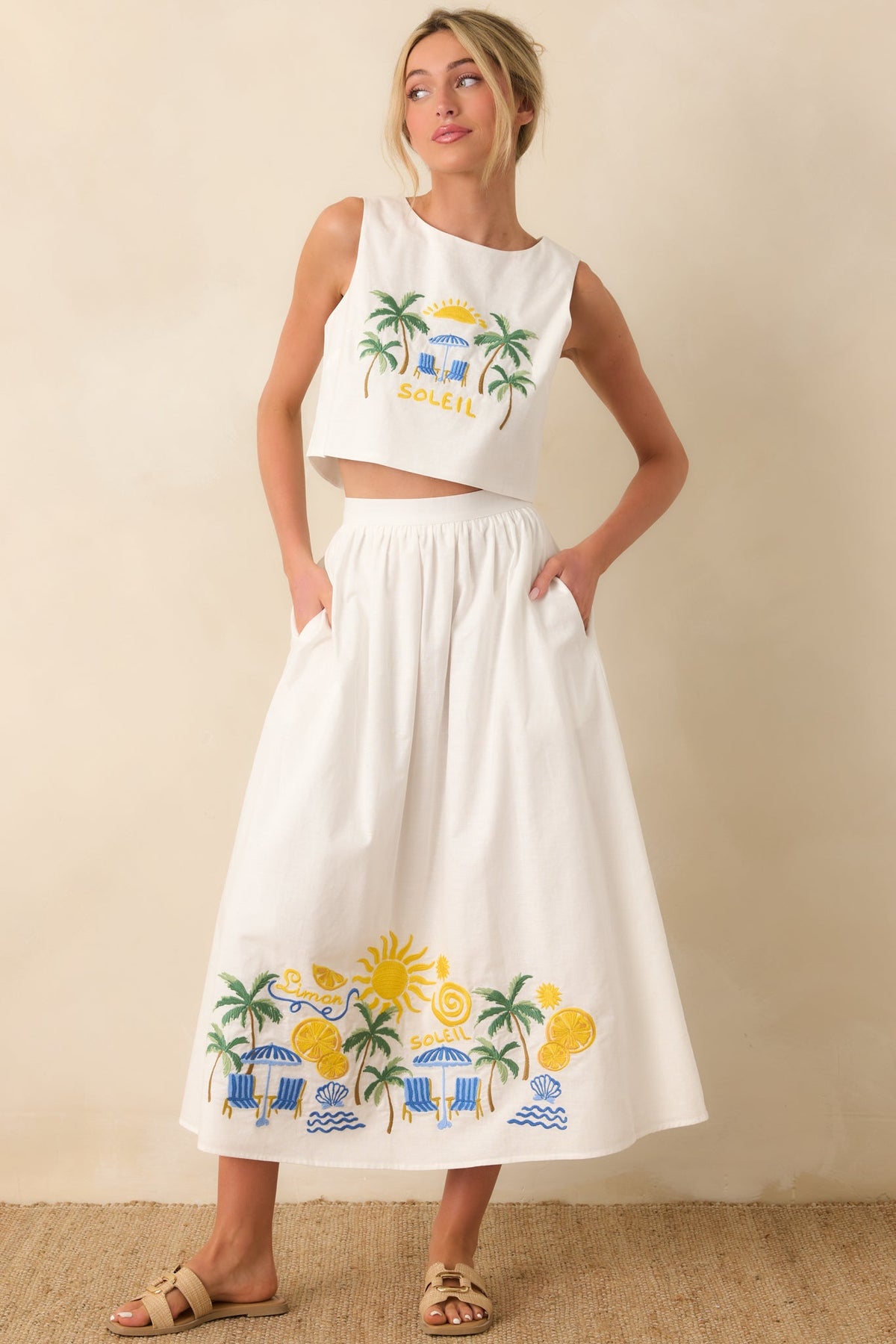 Paradisa Aruba White Multi Embroidered Cotton Blend Crop Top