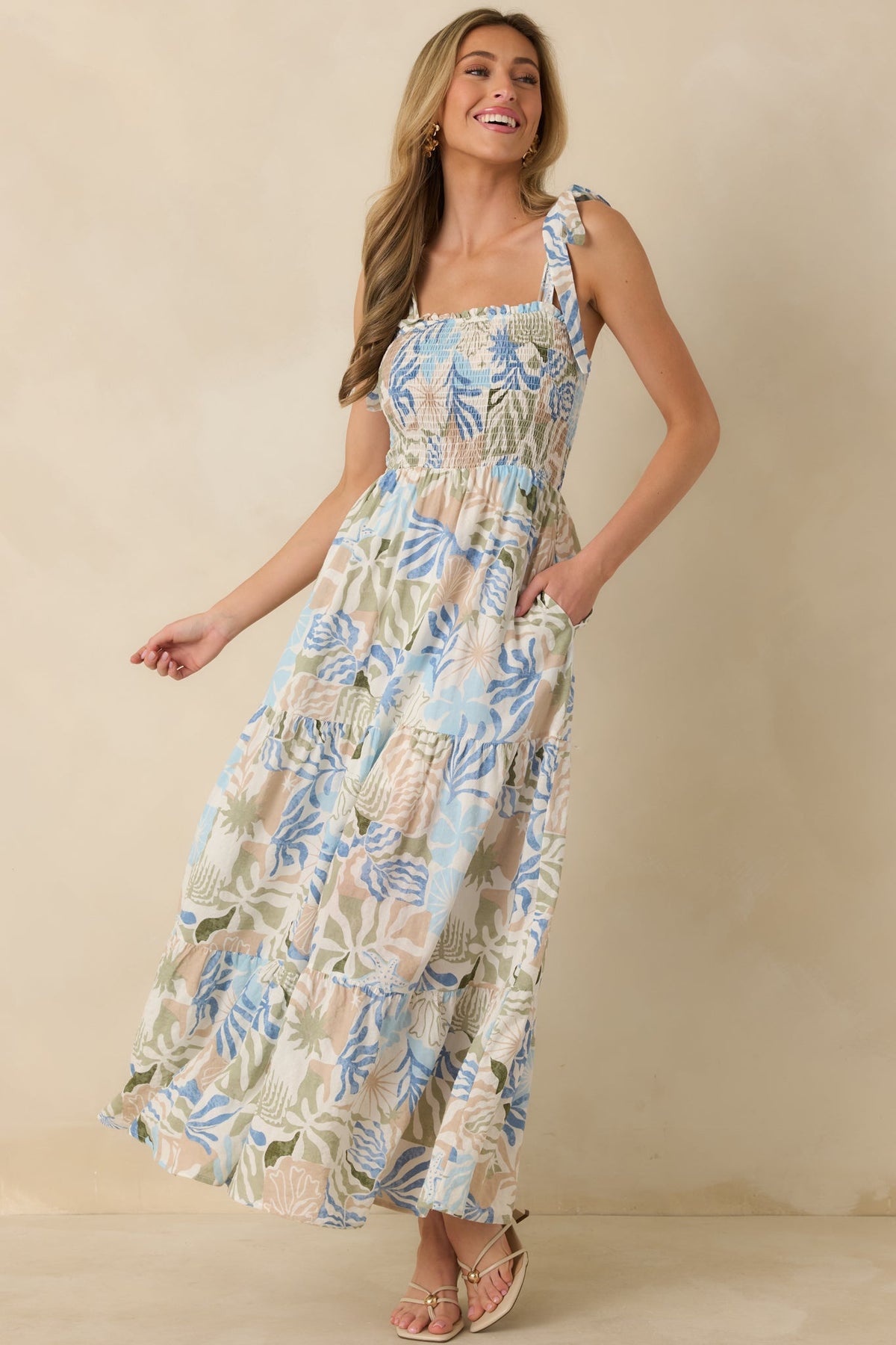 Shoreline Sonata Blue Multi Palm Print Tie Strap Tiered Maxi Dress