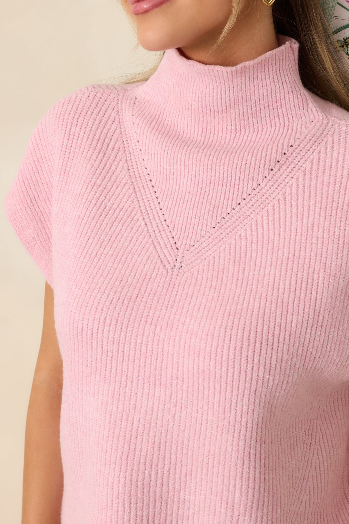 Cool Intentions Light Pink Ribbed Knit Mockneck Cap Sleeve Sweater