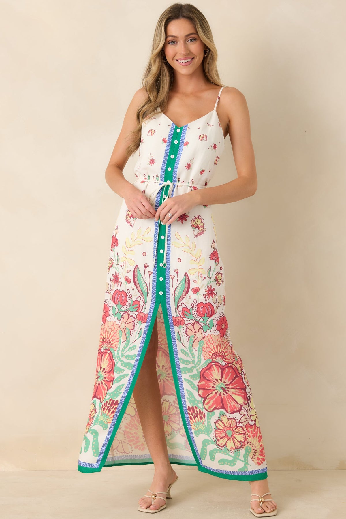Floral Fantasy Green & Coral Pink Floral Maxi Dress