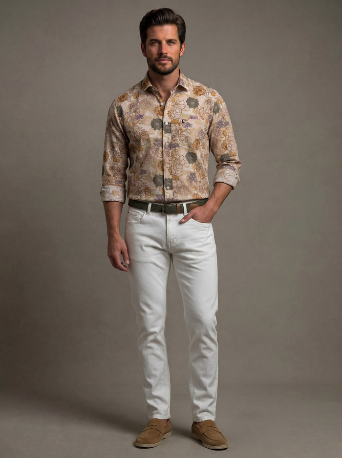 Aberg Slub Beige Printed Full Sleeve Tailored Fit Casual Cotton Shirt