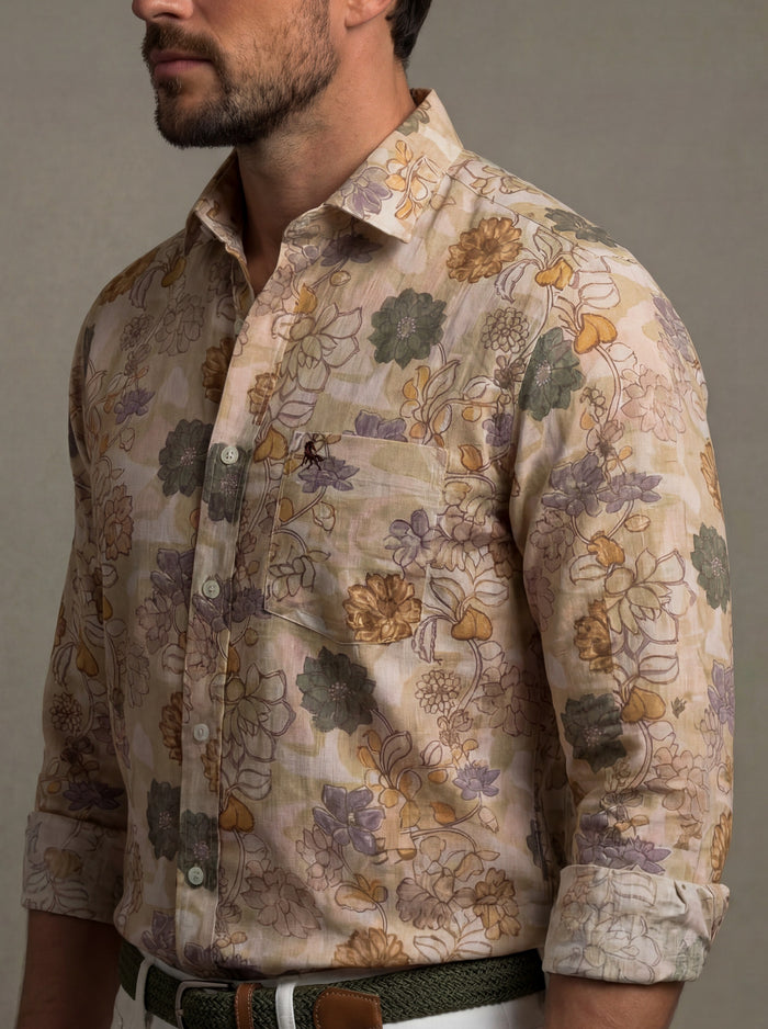 Aberg Slub Beige Printed Full Sleeve Tailored Fit Casual Cotton Shirt