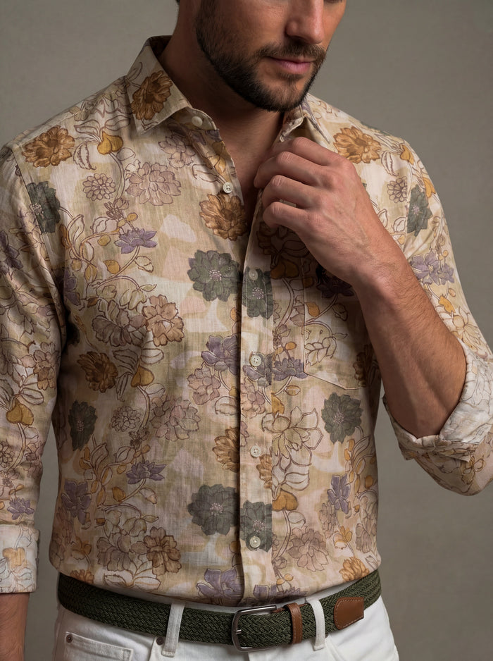 Aberg Slub Beige Printed Full Sleeve Tailored Fit Casual Cotton Shirt
