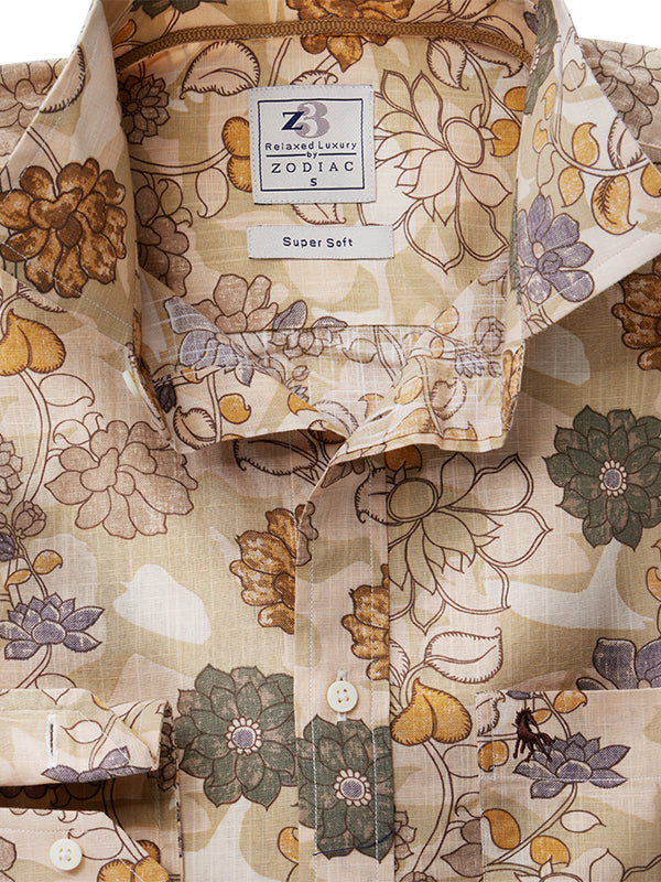 Aberg Slub Beige Printed Full Sleeve Tailored Fit Casual Cotton Shirt