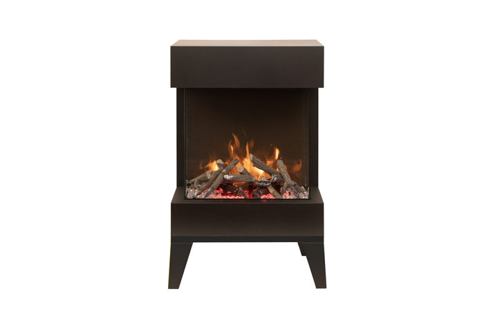Amantii Cube electric fireplace shown with pedestal leg base installed