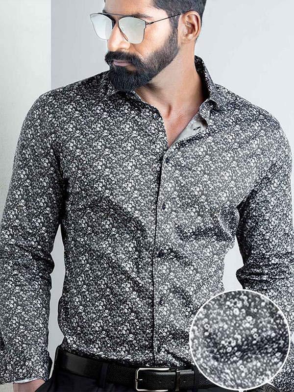 Angello Black Printed Full Sleeve Single Cuff Slim Fit Party Wear Blended Shirt