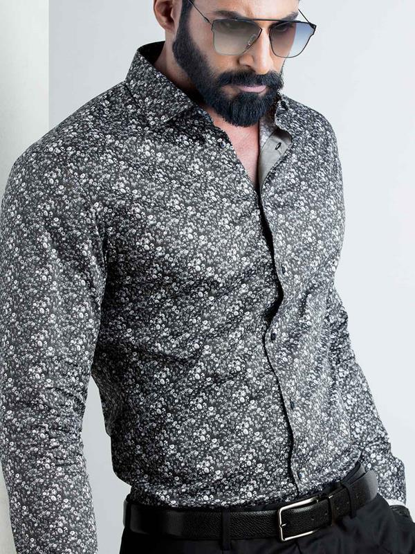 Angello Black Printed Full Sleeve Single Cuff Slim Fit Party Wear Blended Shirt