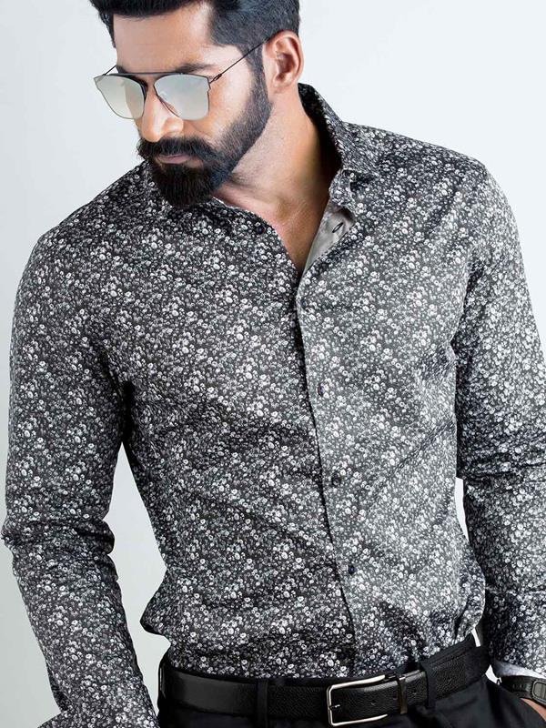 Angello Black Printed Full Sleeve Single Cuff Slim Fit Party Wear Blended Shirt