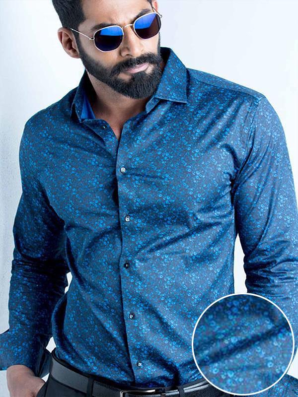 Angello Cobalt Printed Full Sleeve Single Cuff Slim Fit Party Wear Blended Shirt