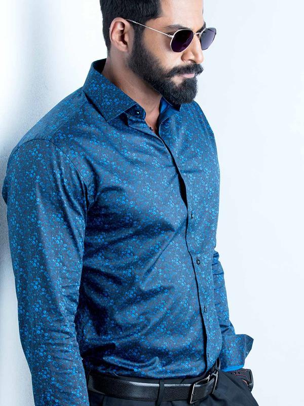 Angello Cobalt Printed Full Sleeve Single Cuff Slim Fit Party Wear Blended Shirt